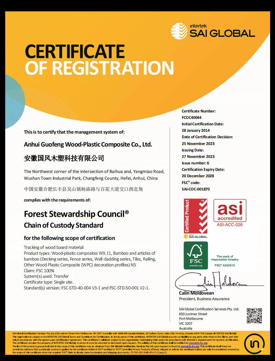 china AnHui Guofeng Wood-Plastic Composite Co., Ltd Certification
